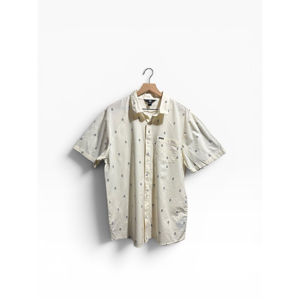 Volcom Men's XL Short Sleeve Button Down Shirt Cream Raindrop Print Top